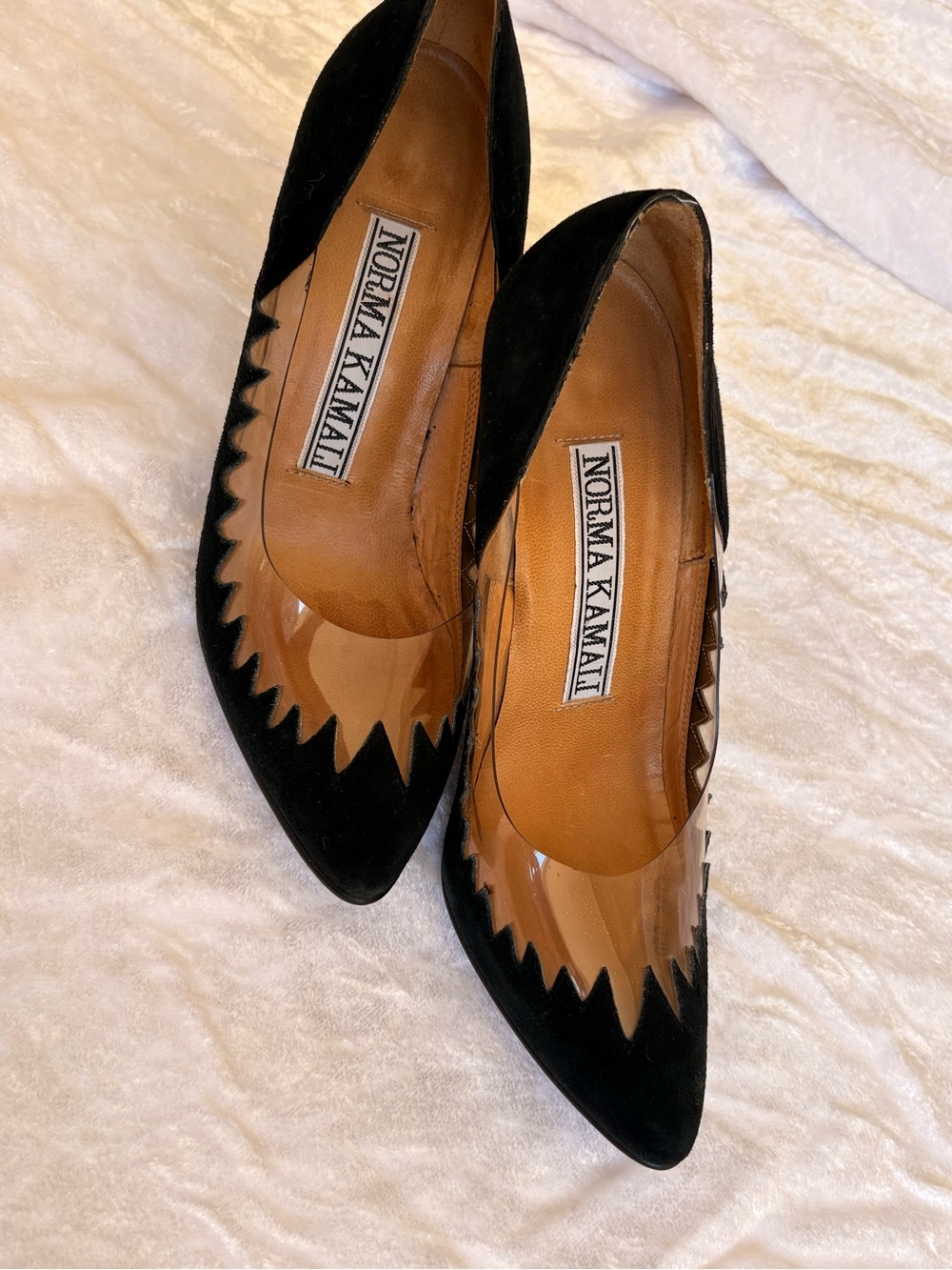 NORMA KAMALI LICKED BY FLAME 1980s Stiletto Pump 8N Suede Clear Vinyl